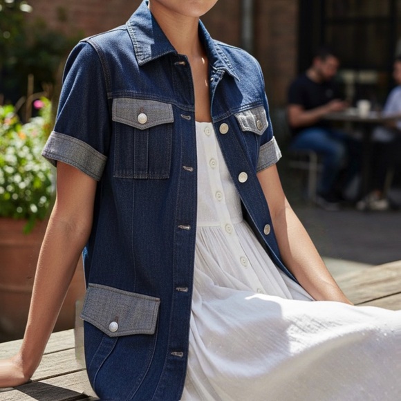 Vintage Utility Denim Jean Jacket Short Sleeve O/S Blue Navy Festival Grunge Y2K - Picture 3 of 10